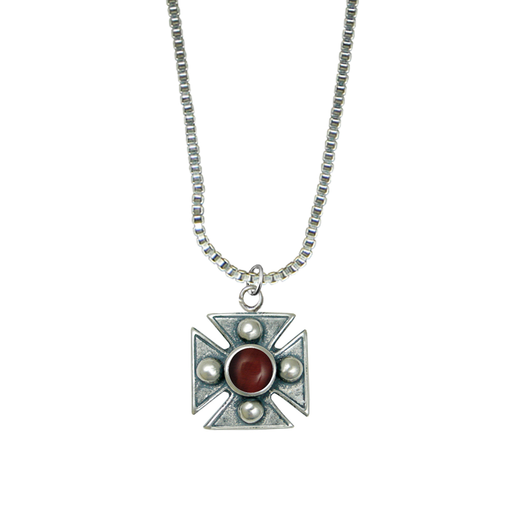 Sterling Silver Little Red Tiger Eye Cross Pendant Necklace